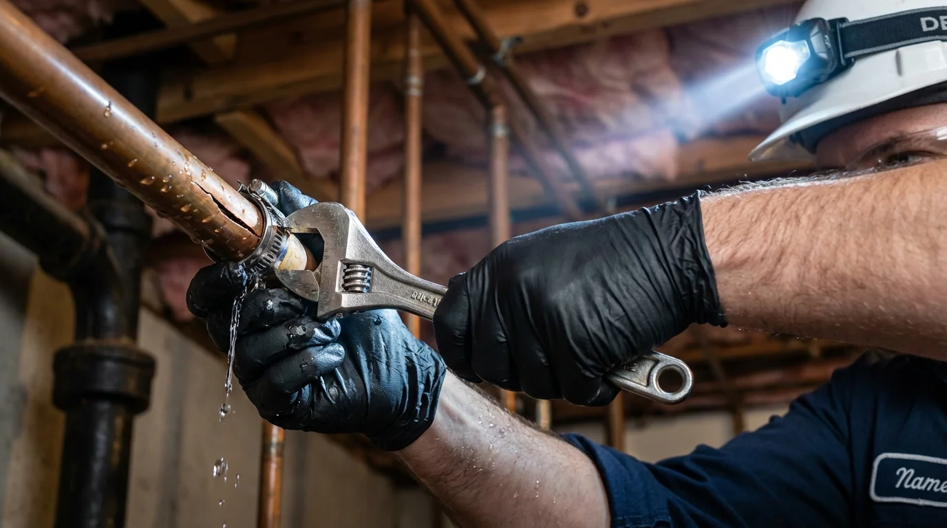 Emergency pipe clamp repair being performed by a Johns Plumbing LLC plumber in McCall