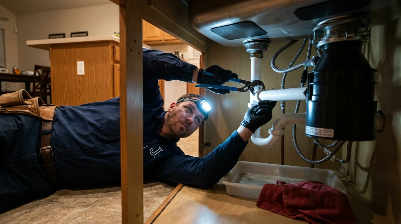 P-trap and supply line connections under a kitchen sink showing a common leak point in McCall, ID